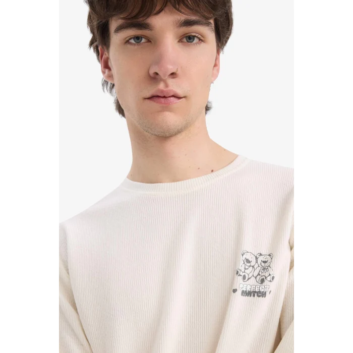 Defacto E6833 Ekru Pijama Takımı Baskılı Uzun Kollu Üst Uzun Alt