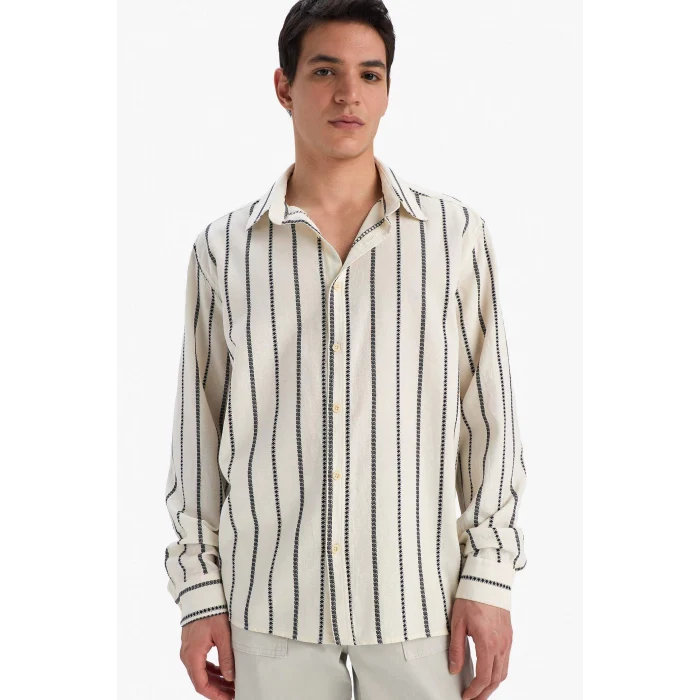 Defacto E0302 Ekru %100 Pamuk Relax Fit Çizgili Uzun Kollu Gömlek