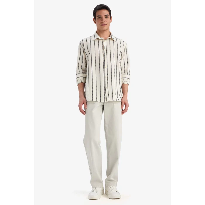 Defacto E0302 Ekru %100 Pamuk Relax Fit Çizgili Uzun Kollu Gömlek