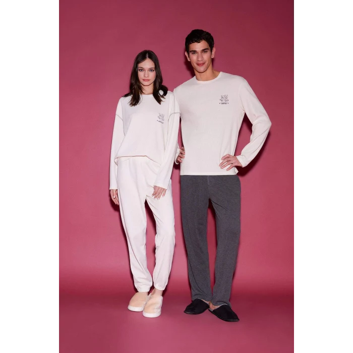 Defacto E6833 Ekru Pijama Takımı Baskılı Uzun Kollu Üst Uzun Alt