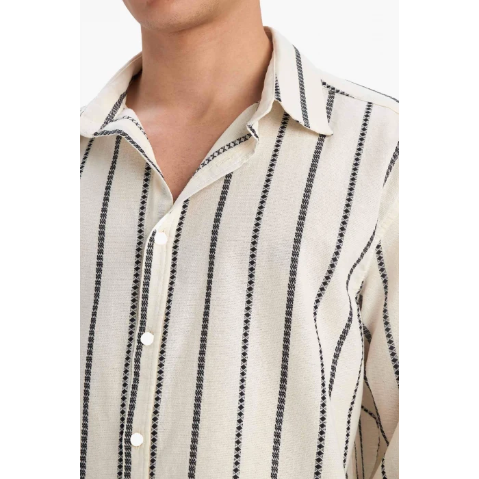 Defacto E0302 Ekru %100 Pamuk Relax Fit Çizgili Uzun Kollu Gömlek