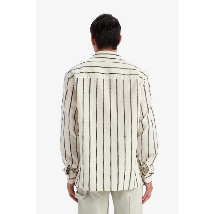 Defacto E0302 Ekru %100 Pamuk Relax Fit Çizgili Uzun Kollu Gömlek