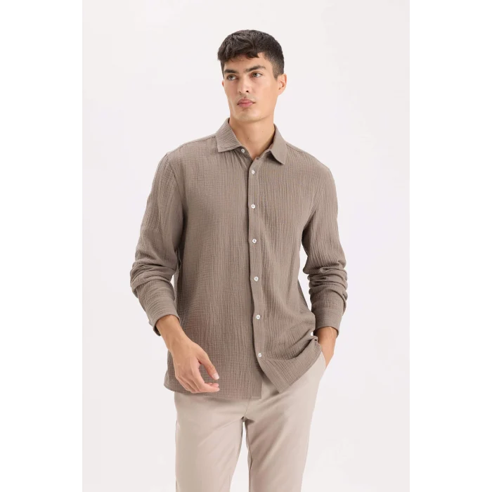 Defacto W7832 Kahve %100 Pamuk Regular Fit Polo Yaka Müslin Uzun Kollu Gömlek