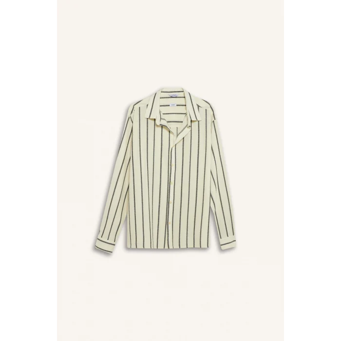 Defacto E0302 Ekru %100 Pamuk Relax Fit Çizgili Uzun Kollu Gömlek