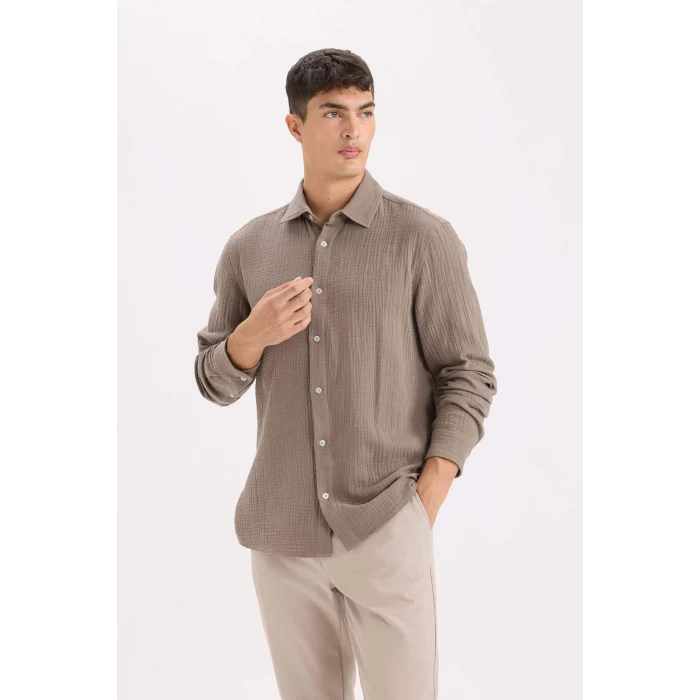 Defacto W7832 Kahve %100 Pamuk Regular Fit Polo Yaka Müslin Uzun Kollu Gömlek