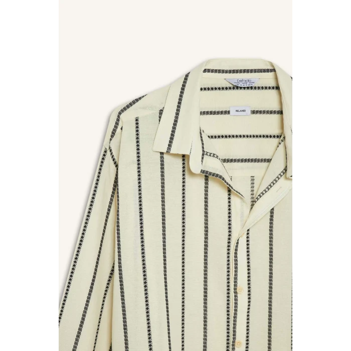 Defacto E0302 Ekru %100 Pamuk Relax Fit Çizgili Uzun Kollu Gömlek