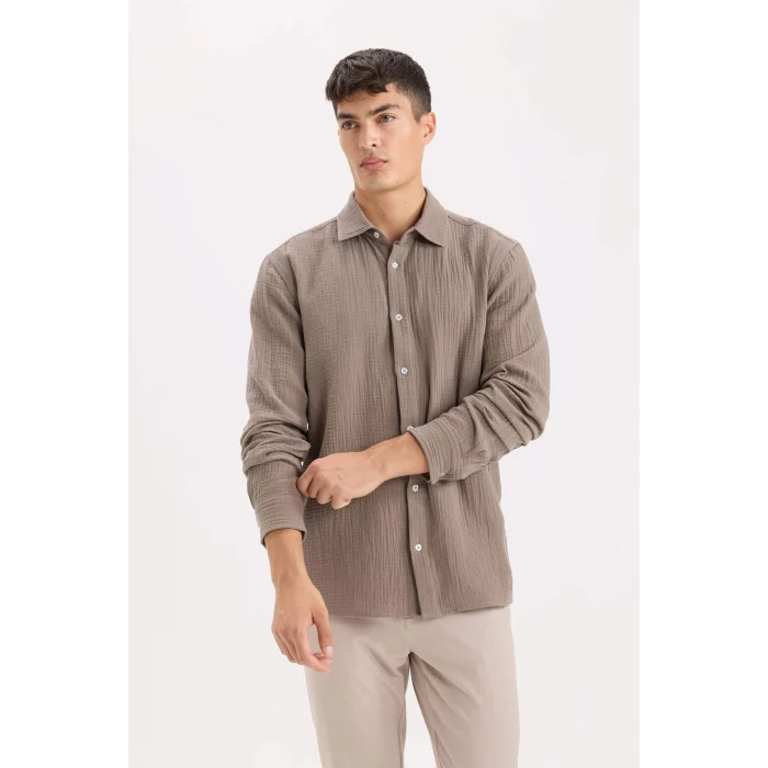 Defacto W7832 Kahve %100 Pamuk Regular Fit Polo Yaka Müslin Uzun Kollu Gömlek