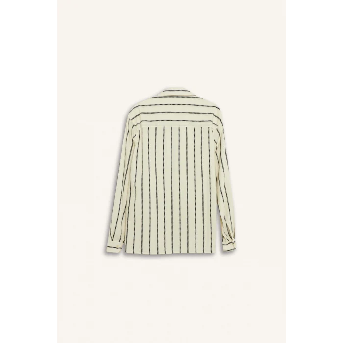 Defacto E0302 Ekru %100 Pamuk Relax Fit Çizgili Uzun Kollu Gömlek