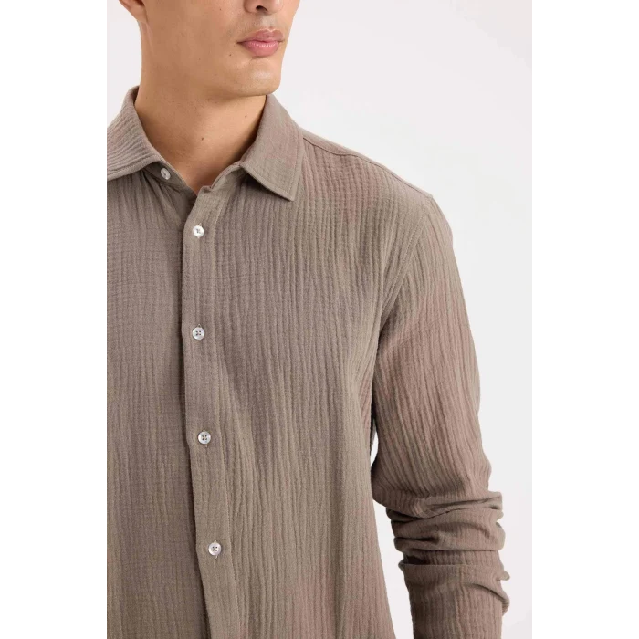 Defacto W7832 Kahve %100 Pamuk Regular Fit Polo Yaka Müslin Uzun Kollu Gömlek