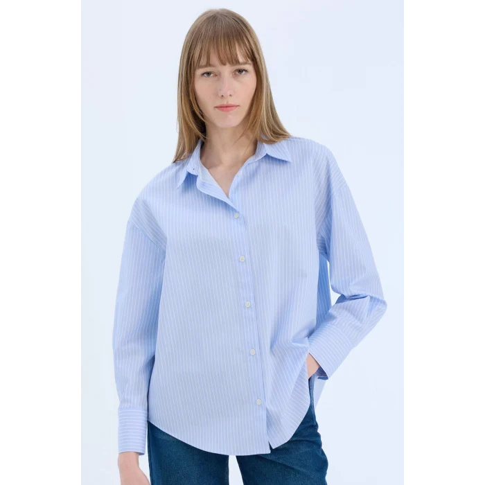 Defacto W7702 Mavi Oversize Geniş Kalıp Çizgili Poplin Uzun Kollu Gömlek