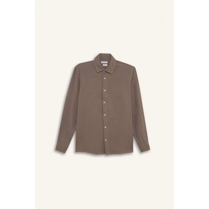 Defacto W7832 Kahve %100 Pamuk Regular Fit Polo Yaka Müslin Uzun Kollu Gömlek