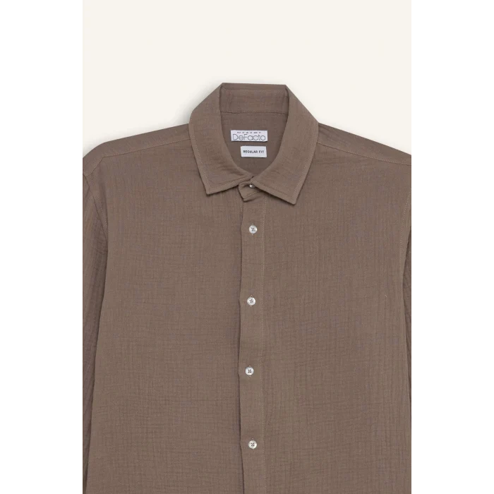 Defacto W7832 Kahve %100 Pamuk Regular Fit Polo Yaka Müslin Uzun Kollu Gömlek