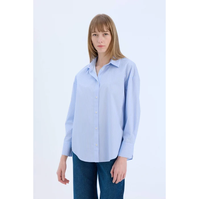 Defacto W7702 Mavi Oversize Geniş Kalıp Çizgili Poplin Uzun Kollu Gömlek