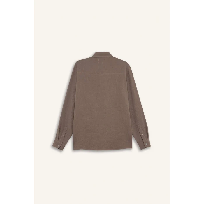 Defacto W7832 Kahve %100 Pamuk Regular Fit Polo Yaka Müslin Uzun Kollu Gömlek