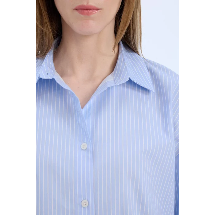 Defacto W7702 Mavi Oversize Geniş Kalıp Çizgili Poplin Uzun Kollu Gömlek