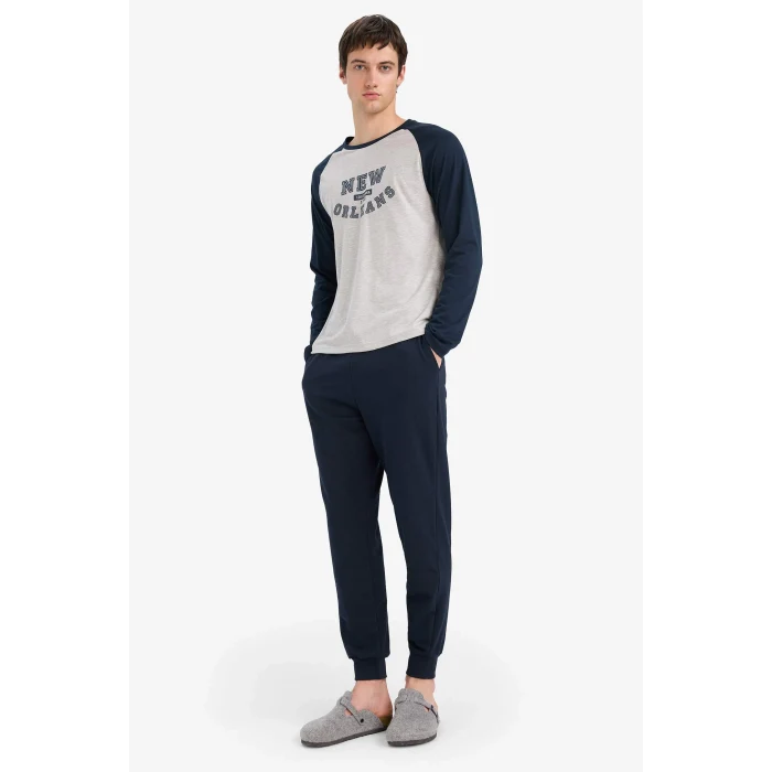 Defacto E0496 Gri Regular Fit Pijama Takımı Baskılı Uzun Kollu Üst Uzun Alt