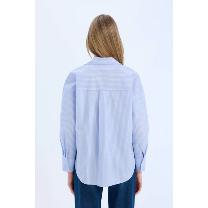 Defacto W7702 Mavi Oversize Geniş Kalıp Çizgili Poplin Uzun Kollu Gömlek