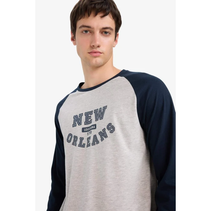 Defacto E0496 Gri Regular Fit Pijama Takımı Baskılı Uzun Kollu Üst Uzun Alt