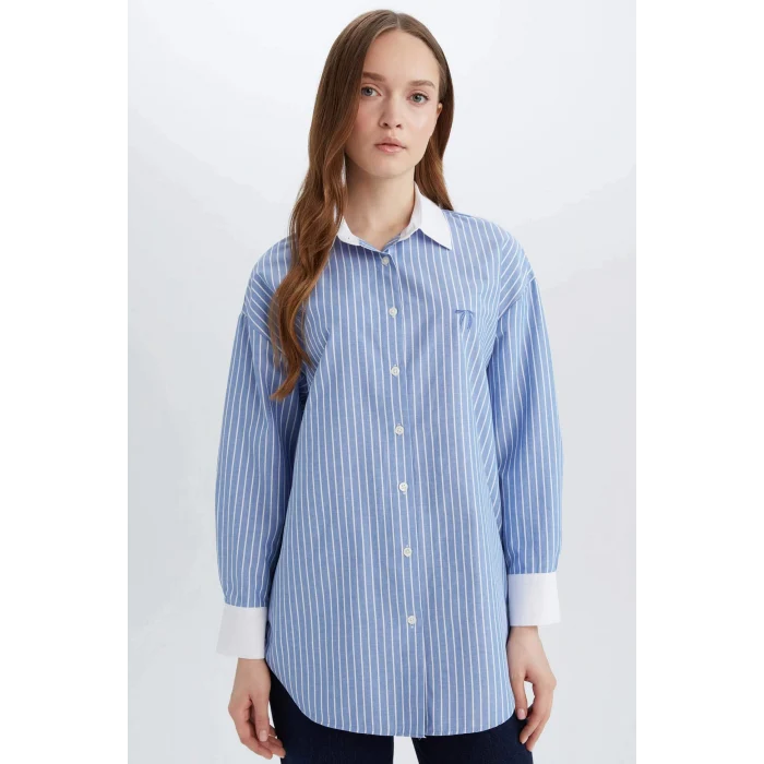 Defacto E1756 Mavi Relax Fit Çizgili Poplin Uzun Kollu Gömlek Tunik