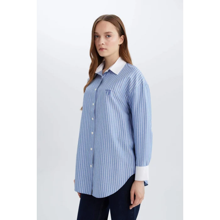 Defacto E1756 Mavi Relax Fit Çizgili Poplin Uzun Kollu Gömlek Tunik