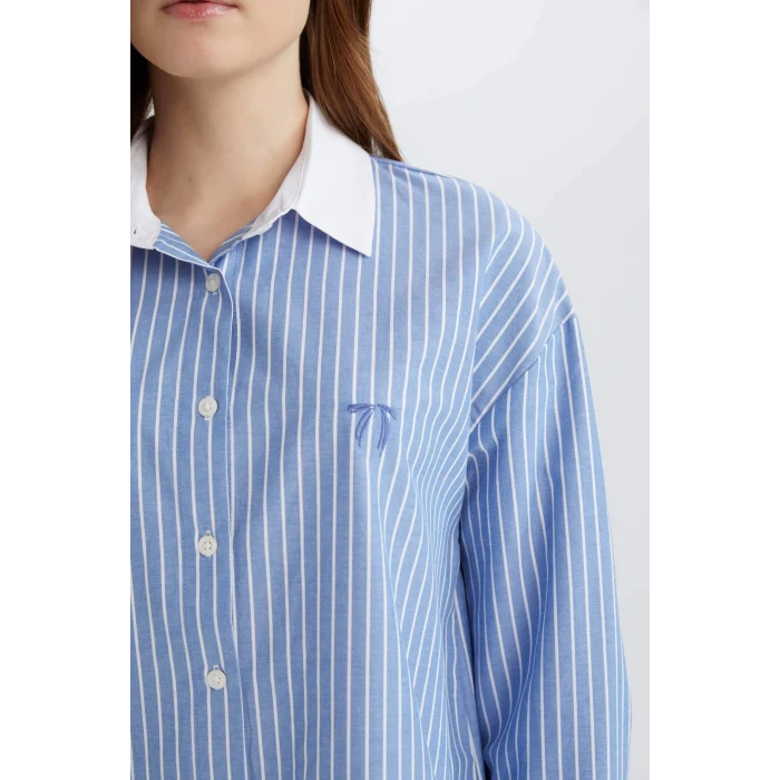 Defacto E1756 Mavi Relax Fit Çizgili Poplin Uzun Kollu Gömlek Tunik
