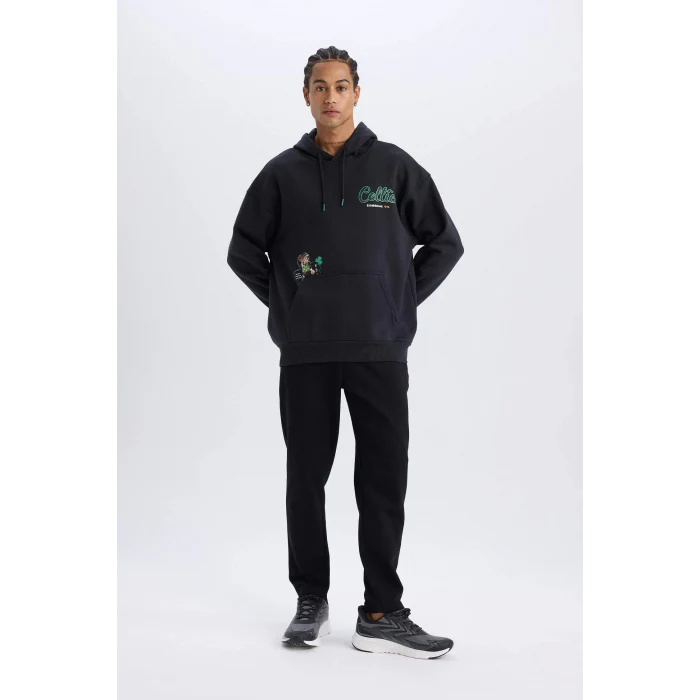 Defacto D6690 Siyah DeFactoFit NBA Boston Celtics Oversize Geniş Kalıp Kapüşonlu Sırt Baskılı Kalın Sweatshirt