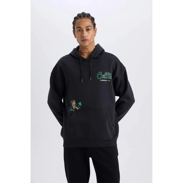 Defacto D6690 Siyah DeFactoFit NBA Boston Celtics Oversize Geniş Kalıp Kapüşonlu Sırt Baskılı Kalın Sweatshirt