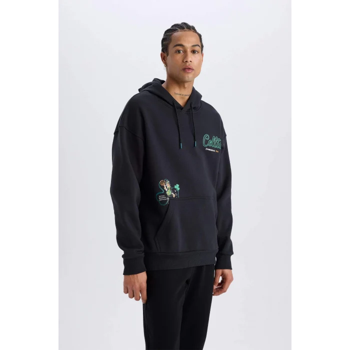 Defacto D6690 Siyah DeFactoFit NBA Boston Celtics Oversize Geniş Kalıp Kapüşonlu Sırt Baskılı Kalın Sweatshirt