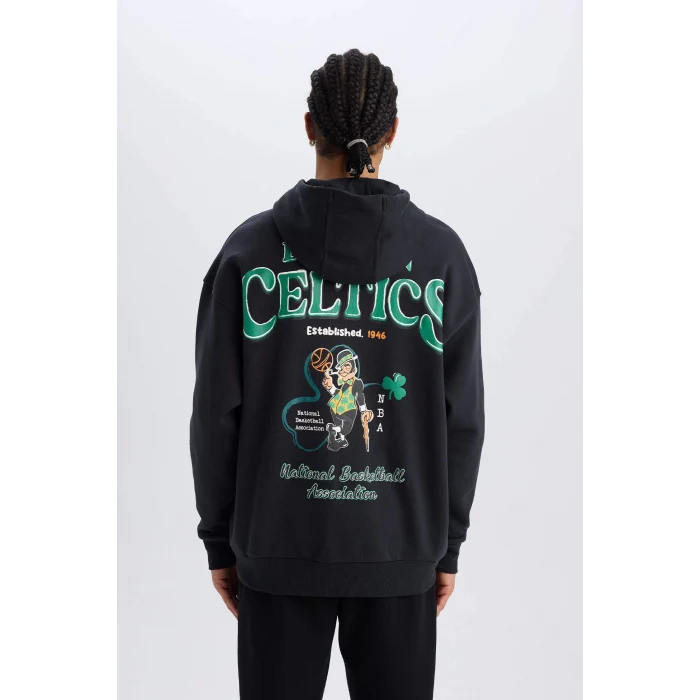 Defacto D6690 Siyah DeFactoFit NBA Boston Celtics Oversize Geniş Kalıp Kapüşonlu Sırt Baskılı Kalın Sweatshirt
