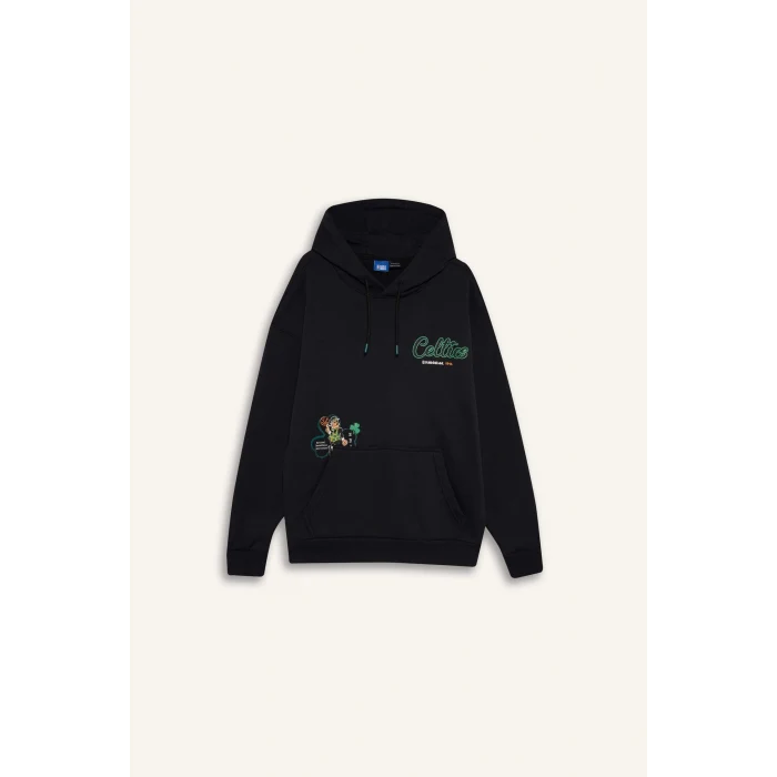 Defacto D6690 Siyah DeFactoFit NBA Boston Celtics Oversize Geniş Kalıp Kapüşonlu Sırt Baskılı Kalın Sweatshirt