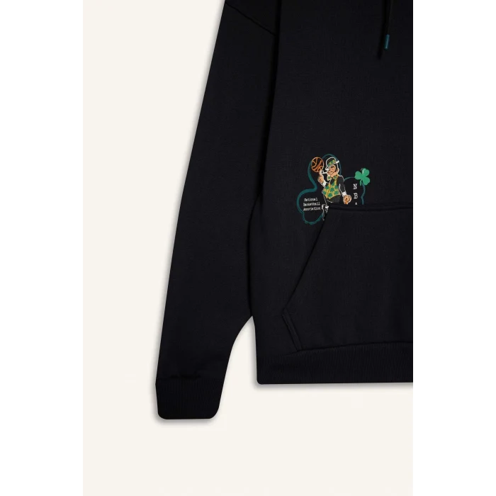 Defacto D6690 Siyah DeFactoFit NBA Boston Celtics Oversize Geniş Kalıp Kapüşonlu Sırt Baskılı Kalın Sweatshirt