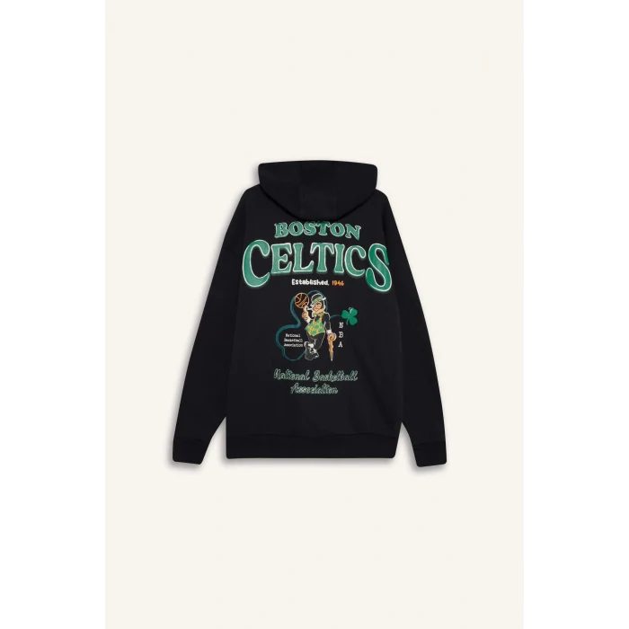Defacto D6690 Siyah DeFactoFit NBA Boston Celtics Oversize Geniş Kalıp Kapüşonlu Sırt Baskılı Kalın Sweatshirt