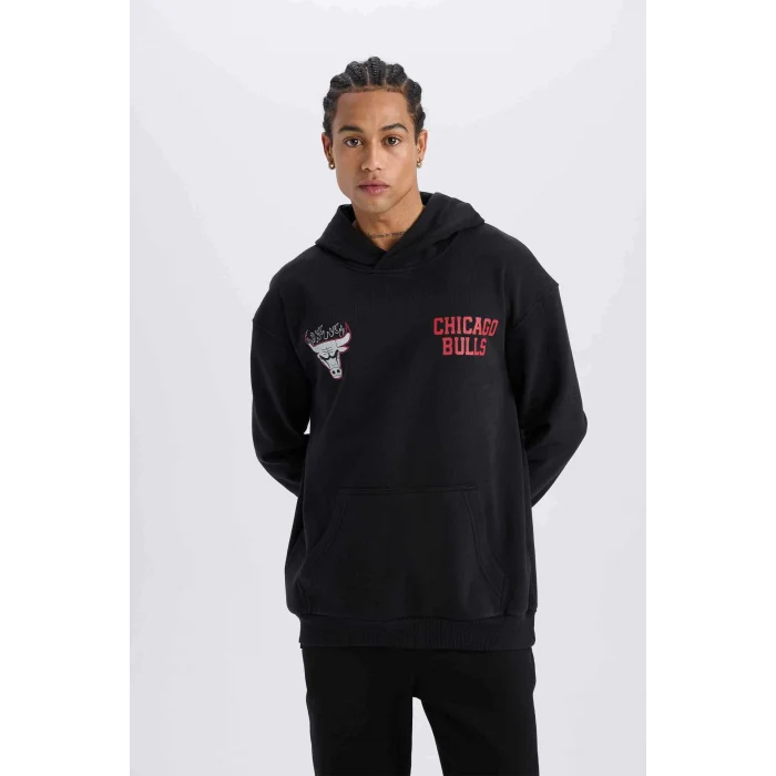 Defacto D6574 Siyah DeFactoFit NBA Chicago Bulls Boxy Fit Kapüşonlu Sırt Baskıllı Kalın Sweatshirt