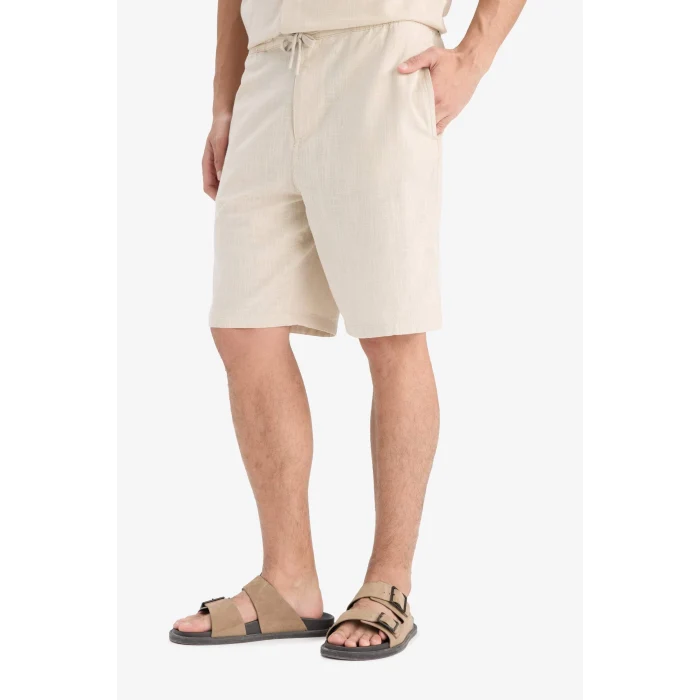 Defacto C7381 Bej %100 Pamuk Relax Fit Cepli Keten Görünümlü Bermuda Şort