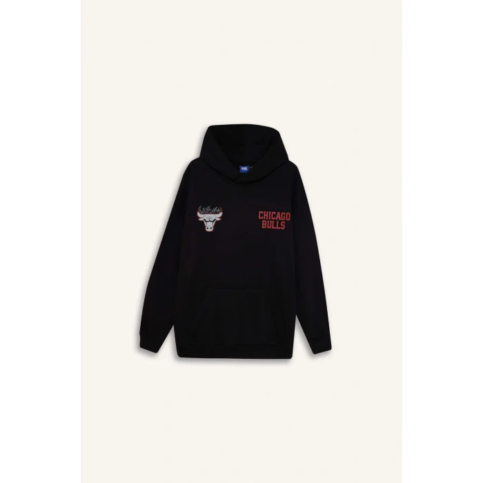 Defacto D6574 Siyah DeFactoFit NBA Chicago Bulls Boxy Fit Kapüşonlu Sırt Baskıllı Kalın Sweatshirt