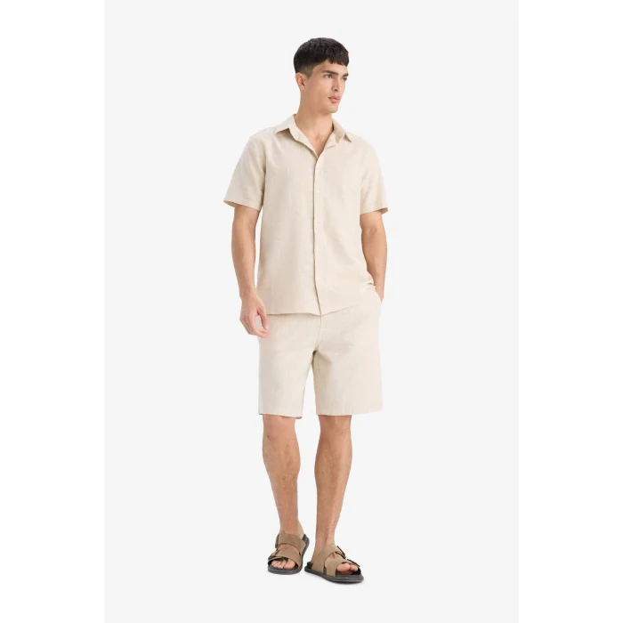Defacto C7381 Bej %100 Pamuk Relax Fit Cepli Keten Görünümlü Bermuda Şort