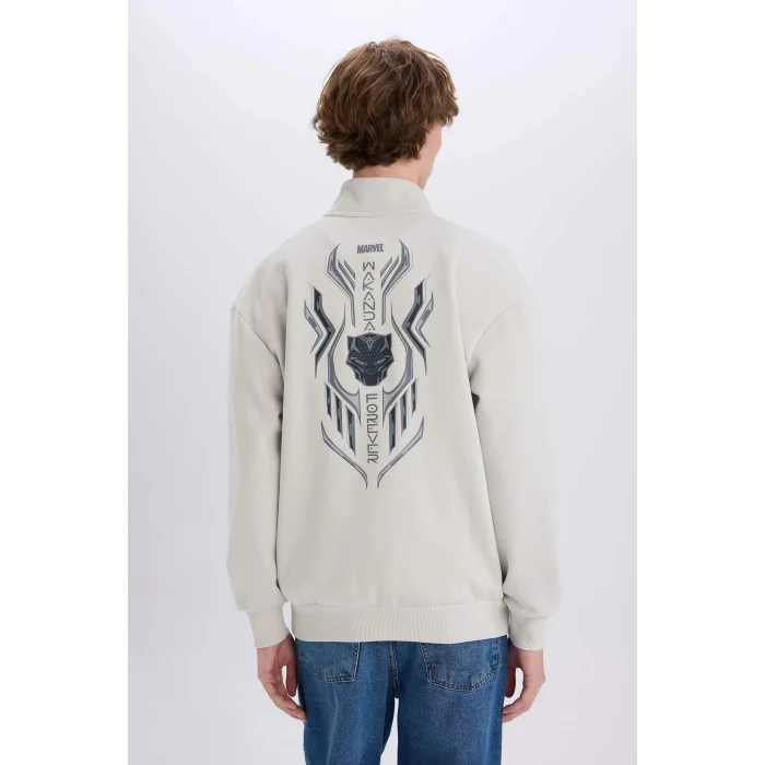 Defacto D6771 Gri Marvel Boxy Fit Dik Yaka Fermuarlı Sırt Baskılı Sweatshirt