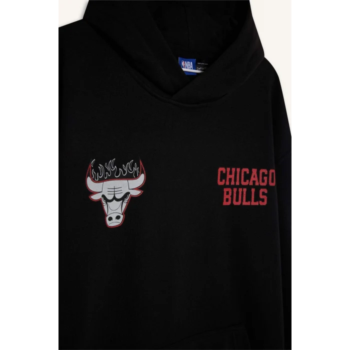 Defacto D6574 Siyah DeFactoFit NBA Chicago Bulls Boxy Fit Kapüşonlu Sırt Baskıllı Kalın Sweatshirt