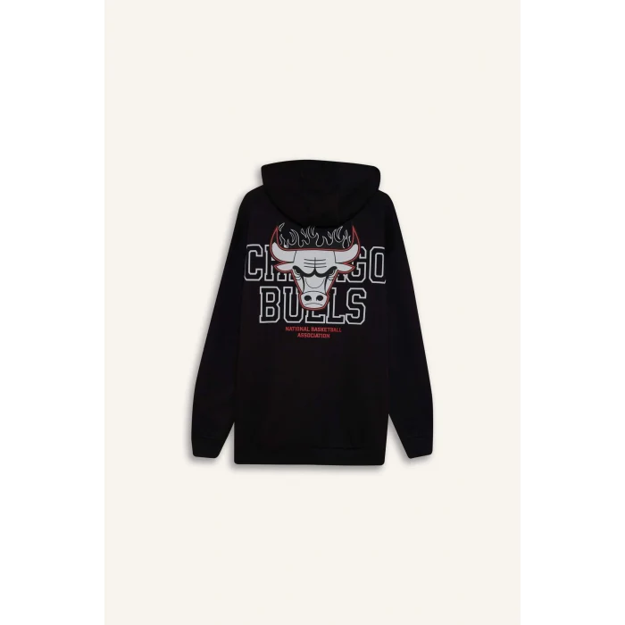 Defacto D6574 Siyah DeFactoFit NBA Chicago Bulls Boxy Fit Kapüşonlu Sırt Baskıllı Kalın Sweatshirt