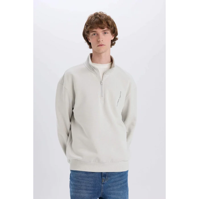 Defacto D6771 Gri Marvel Boxy Fit Dik Yaka Fermuarlı Sırt Baskılı Sweatshirt