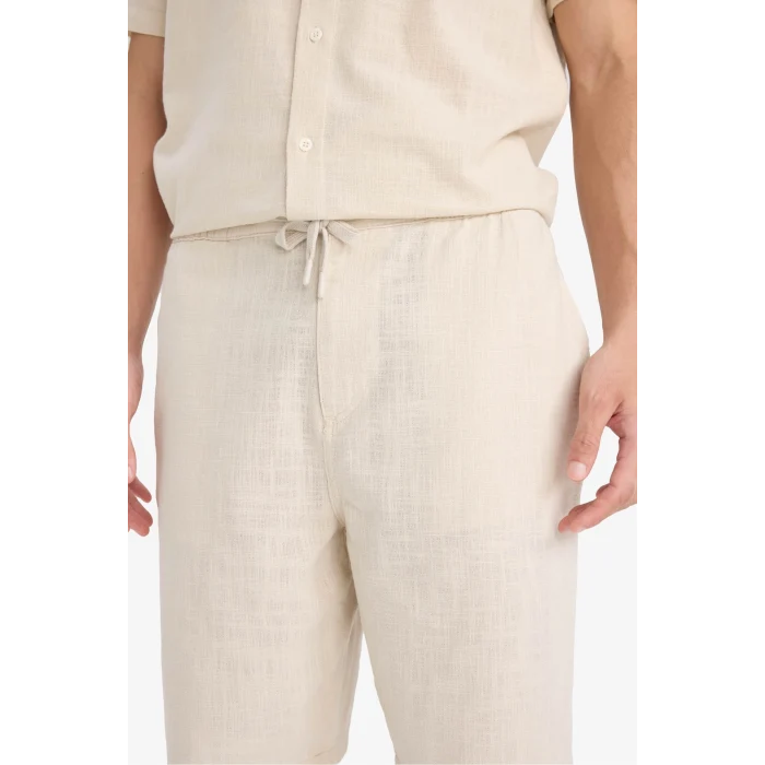 Defacto C7381 Bej %100 Pamuk Relax Fit Cepli Keten Görünümlü Bermuda Şort