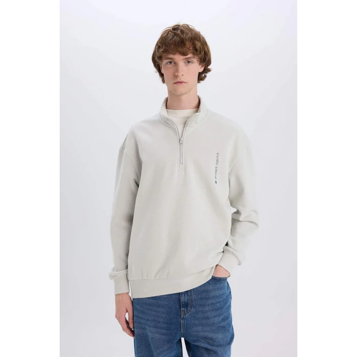 Defacto D6771 Gri Marvel Boxy Fit Dik Yaka Fermuarlı Sırt Baskılı Sweatshirt