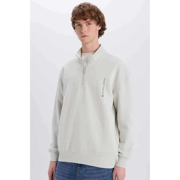 Defacto D6771 Gri Marvel Boxy Fit Dik Yaka Fermuarlı Sırt Baskılı Sweatshirt