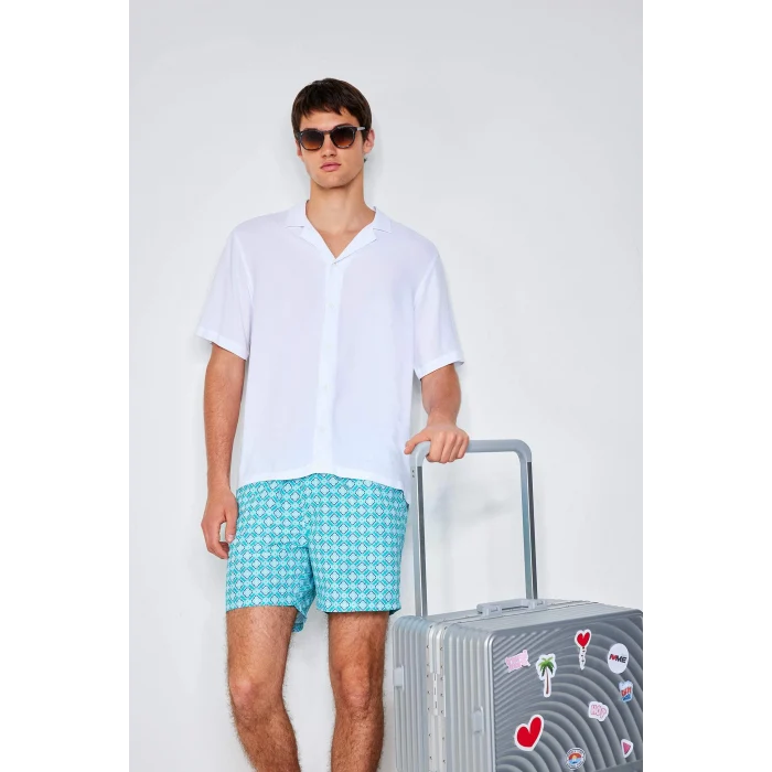 Defacto E0976 Yeşil Desenli File Astarlı Kısa Boy Deniz Şortu