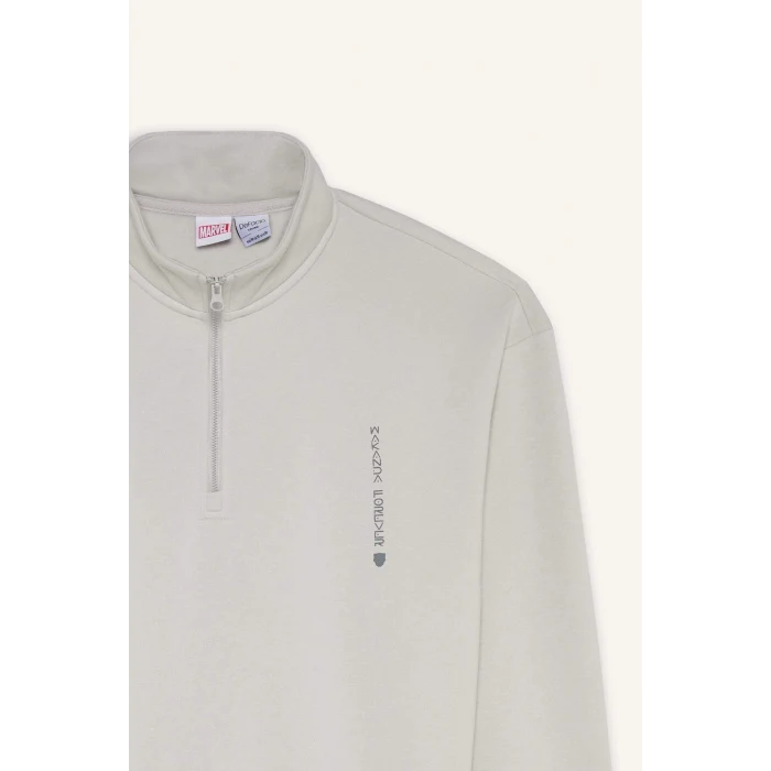 Defacto D6771 Gri Marvel Boxy Fit Dik Yaka Fermuarlı Sırt Baskılı Sweatshirt