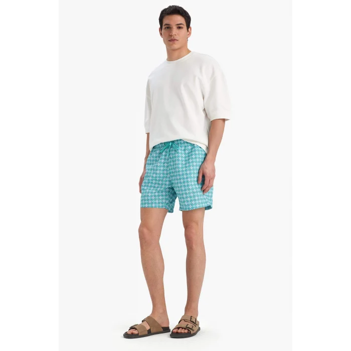 Defacto E0976 Yeşil Desenli File Astarlı Kısa Boy Deniz Şortu