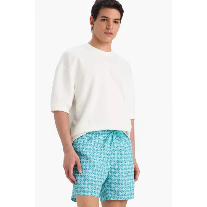 Defacto E0976 Yeşil Desenli File Astarlı Kısa Boy Deniz Şortu