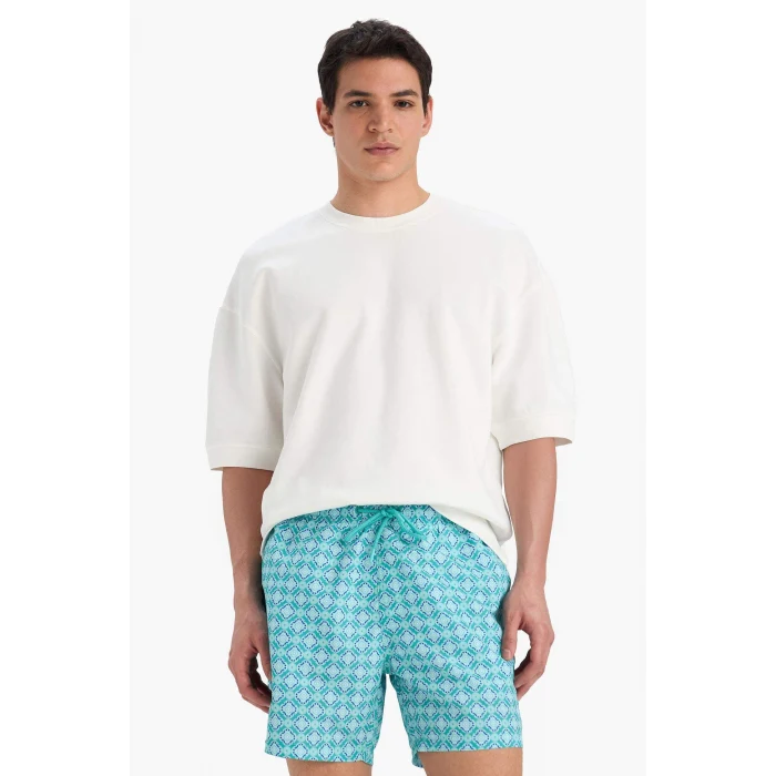 Defacto E0976 Yeşil Desenli File Astarlı Kısa Boy Deniz Şortu