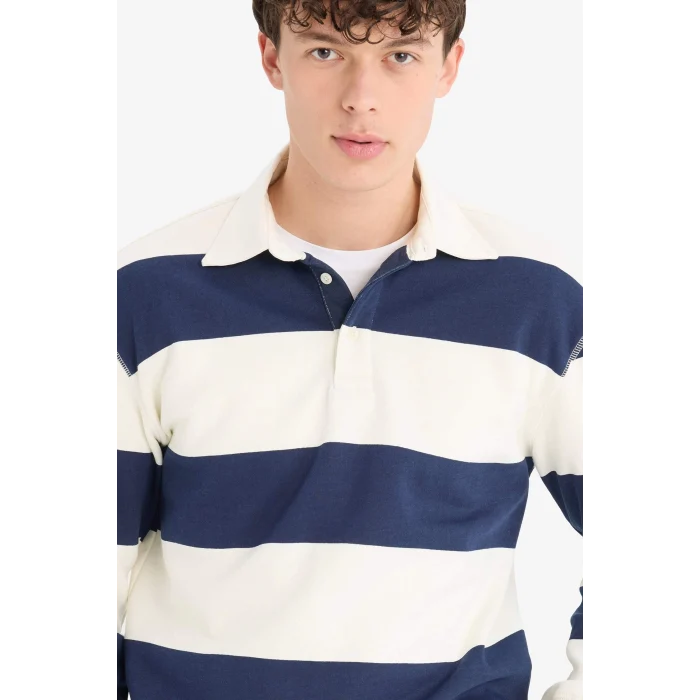 Defacto D7478 Lacivert Relax Fit Polo Yaka Çizgili Kalın Sweatshirt