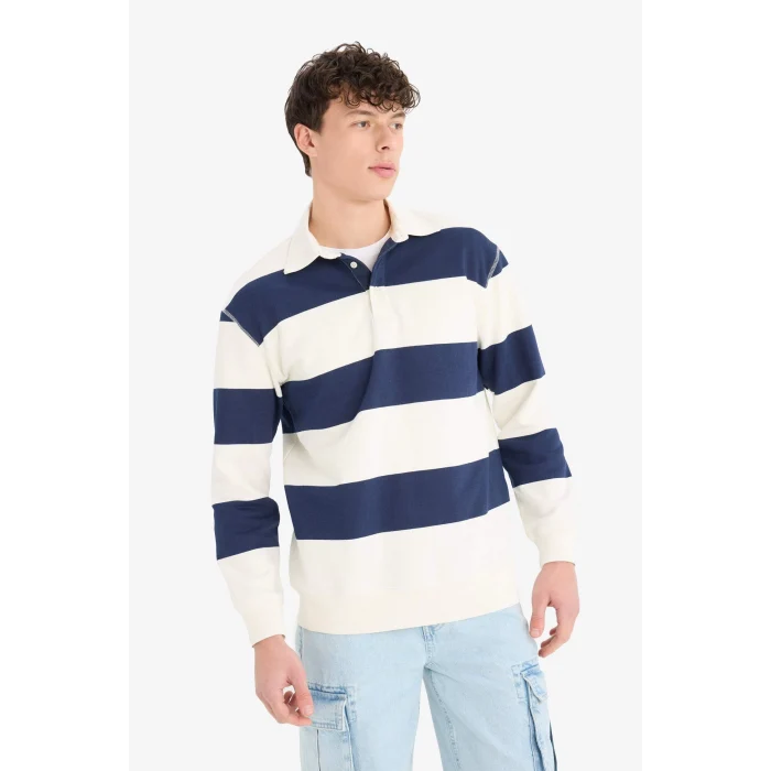 Defacto D7478 Lacivert Relax Fit Polo Yaka Çizgili Kalın Sweatshirt